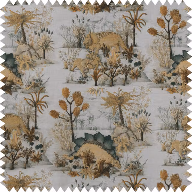 House of Hackney Dinosauria Cotton Linen in Dusk Blue, Green and Grey
