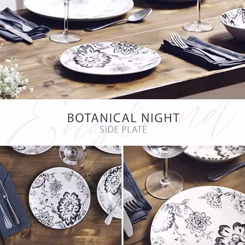 Wade Albert Botanical Night Side Plate in Black and White with Floral Design, Diameter: 22.75 cm – 7