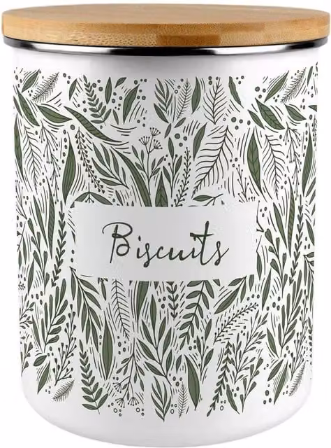 Purely Home Green Leaves Floral Airtight Metal Biscuit Tin in Green and White