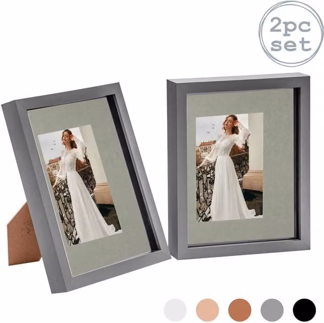Nicola Spring Pack of 2 Grey 3D Box Photo Frames with 4x6 inch Mount, W/H: 25.4 x 20.32 cm