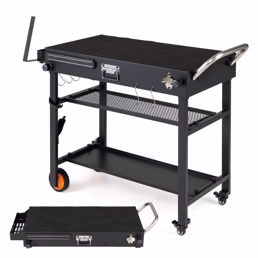 Costway 3-Tier Folding Metal Grill Cart with Wheels and Hooks in Black – 9