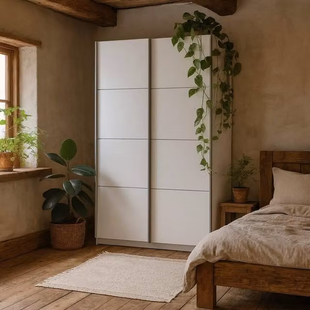 Wyld Haus Bordeaux White Sliding Door Wardrobe with Internal Shelves and Hanging Rod, W/D/H: 122.1 x 59.0 x 200.4 cm – 1