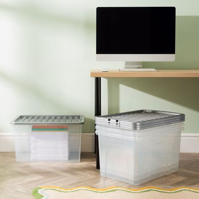 Wham Crystal 60L Storage Box with Stronger Lid Pack of 4, Silver/Transparent