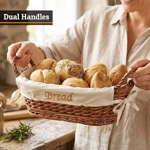 Orsina Small Natural Brown Wicker Bread Basket with Beige Liner – 3