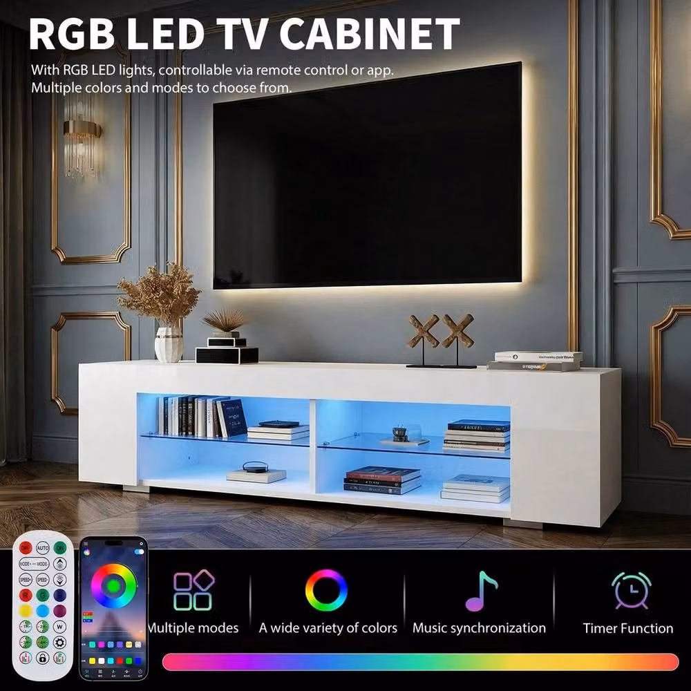 FORGEVIO Modern High Gloss White LED TV Stand Storage Cabinet with Integrated Lighting and Media Compartments – 5