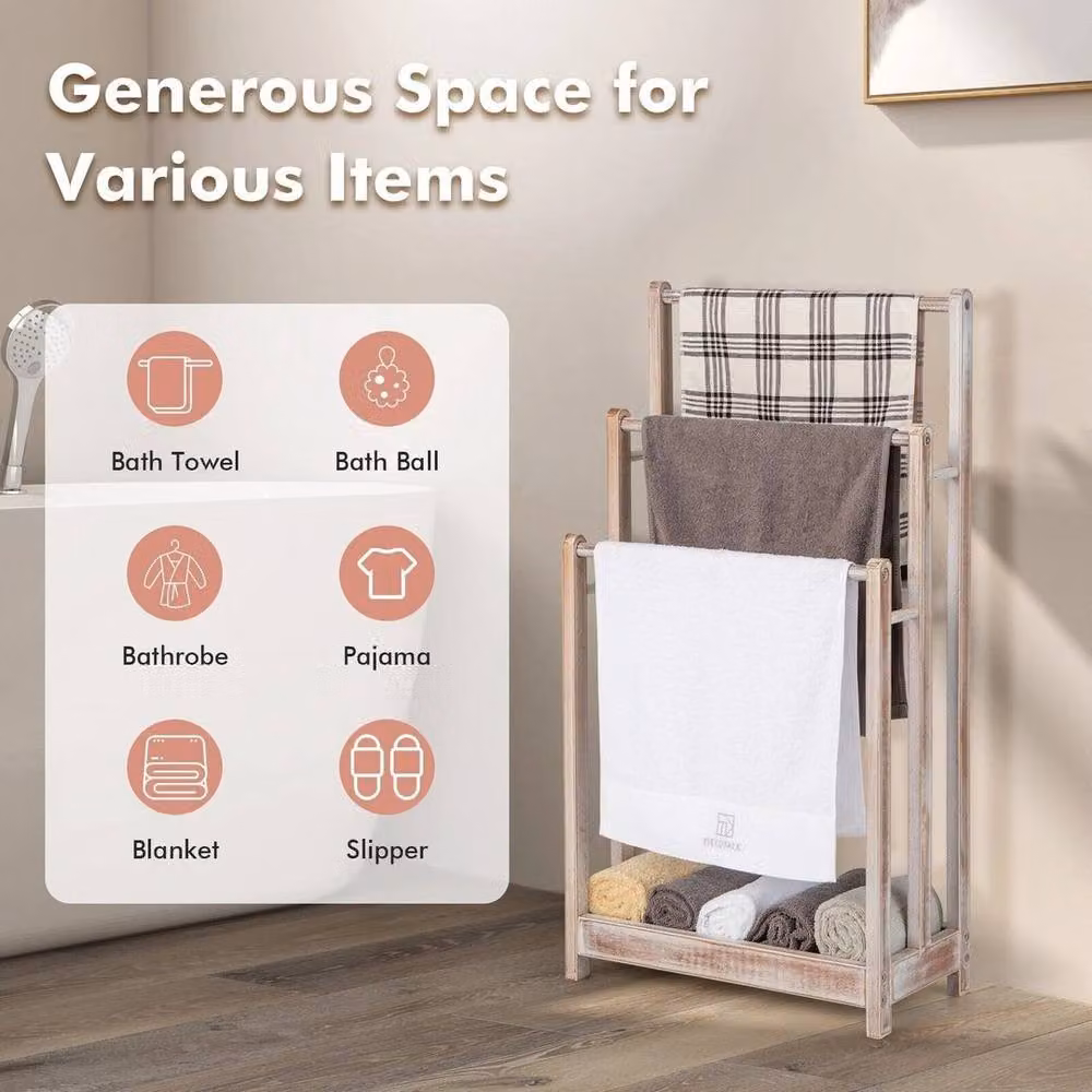 KORVIXA 3-Tier Wooden Free-Standing Towel Rack in Beige, W: 60 cm, H: 100 cm – 3