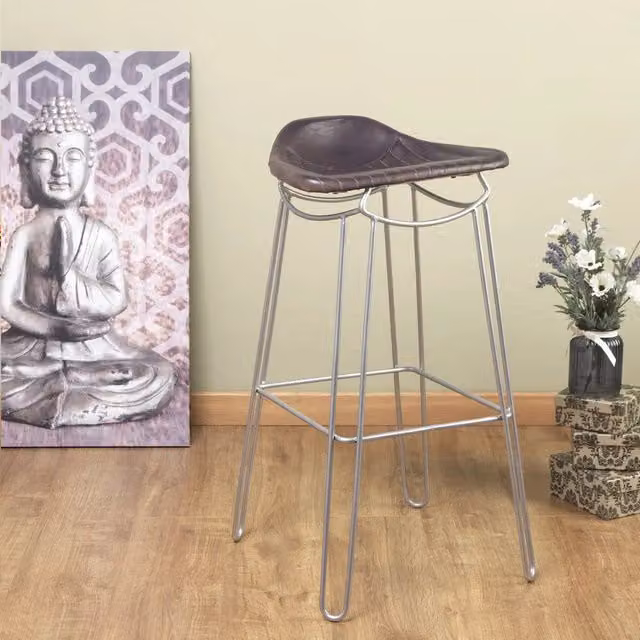 FWStyle Rustic Handmade Genuine Leather Artisan Bar Stool in Grey