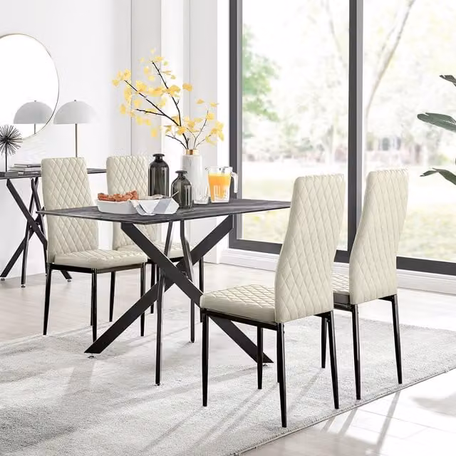 FurnitureboxUK Leonardo Grey Glass Marble Effect Dining Table and 4 Milan Black Leg Chairs in White