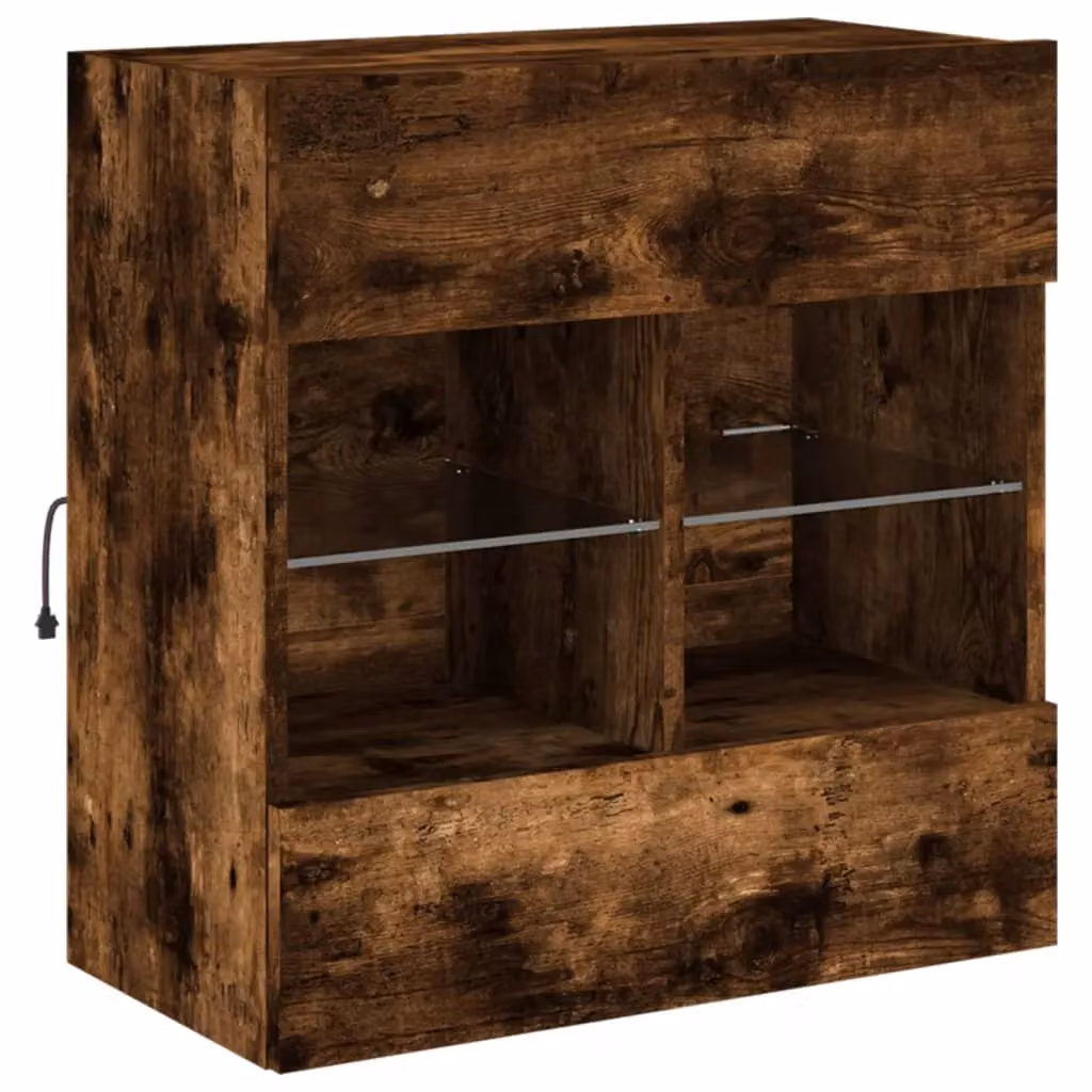 Berkfield Home Modern Wall Mounted TV Cabinet with LED Lights and Glass Doors in Smoked Oak Brown, W/D/H: 58.5 x 30 x 60.5 cm – 3