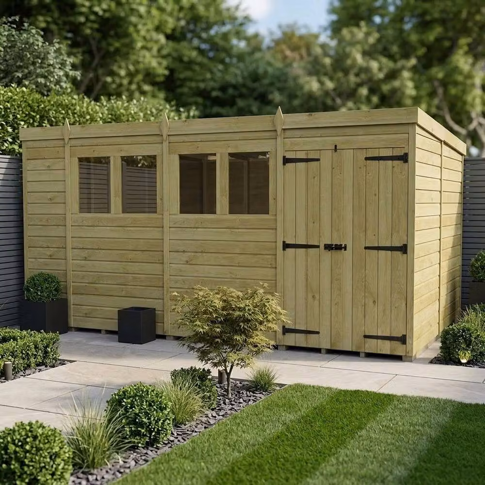 Buttercup Farm Brown Timber Pent Garden Shed with Double Doors and Windows, W/D/H: 426.72 x 305.0 x 210.0 cm – 2