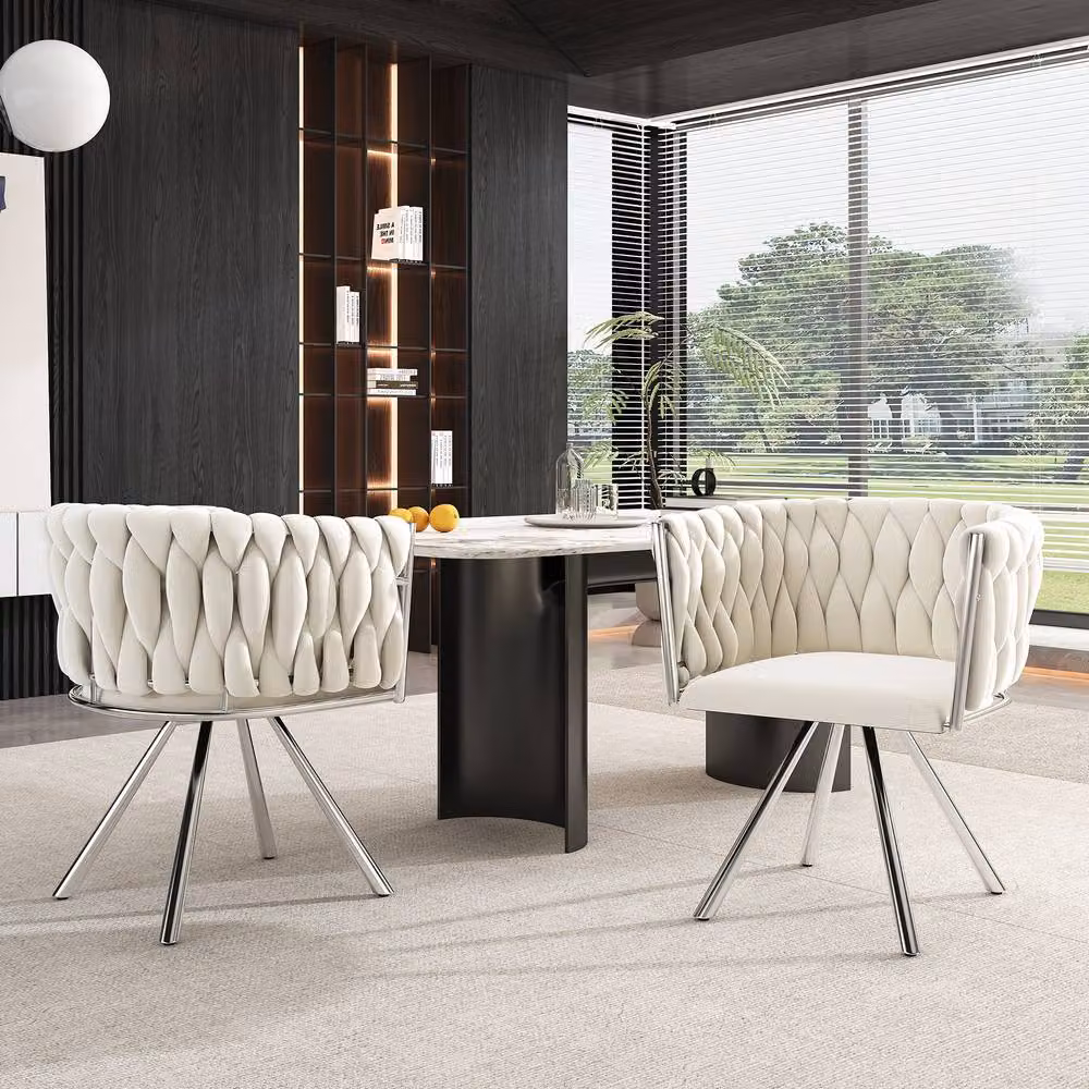 Matteo Set of 2 Beige Velvet Swivel Dining Chairs with Armrests – 2