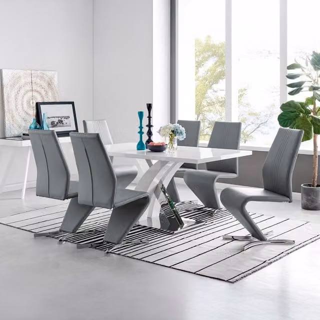 FurnitureboxUK Atlanta Modern High Gloss White Rectangular Dining Table and 6 Willow Chairs Set in Grey – 1