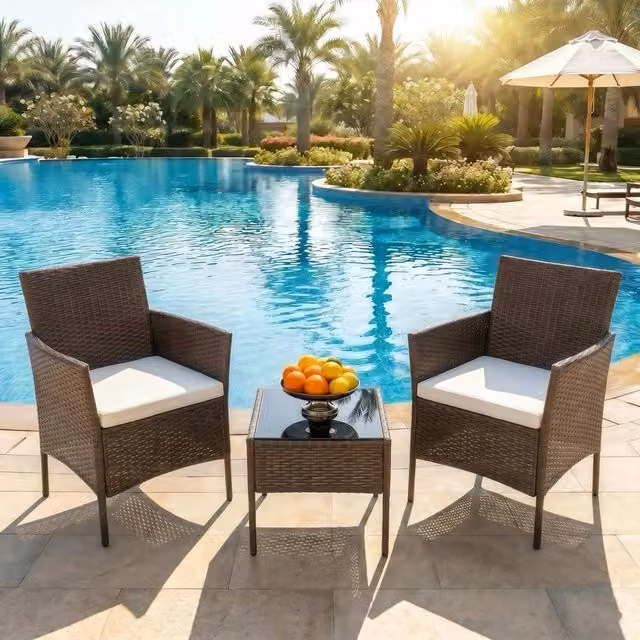 Alivio Modern Brown Polyrattan Bistro Set with 2 Lounge Armchairs, Cushions and Coffee Table – 2