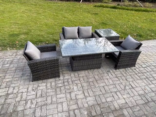 Fimous 4 Seater Rattan Garden Dining Set with Rising Lifting Table and Side Table in Dark Grey