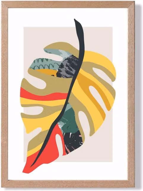 ARTZE Tropical Monstera Minimalist Framed Print with Oak Frame, Green and Red Botanical Illustration
