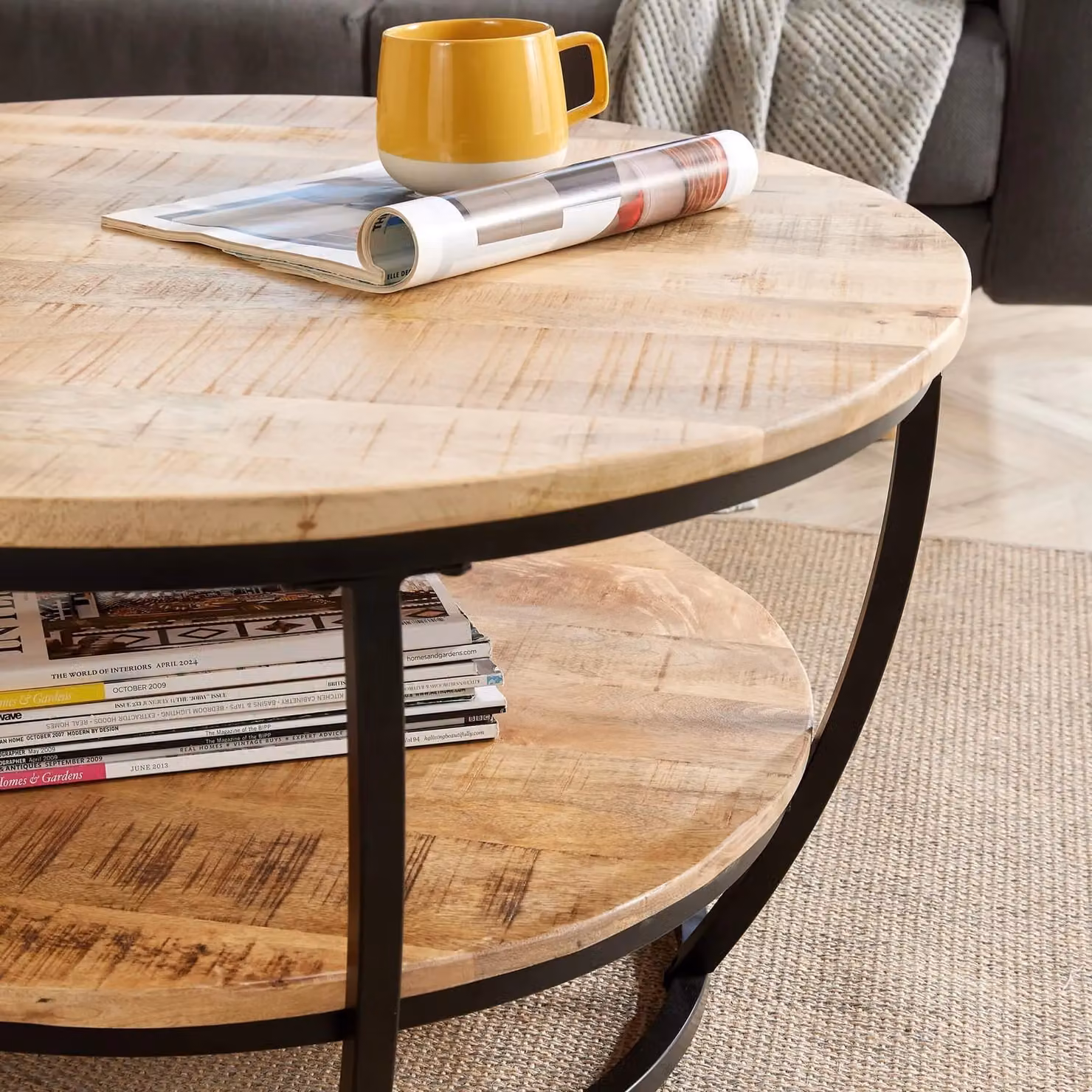 Home Source Cage Style Round Coffee Table with Mango Wood Top and Black Iron Frame – 3