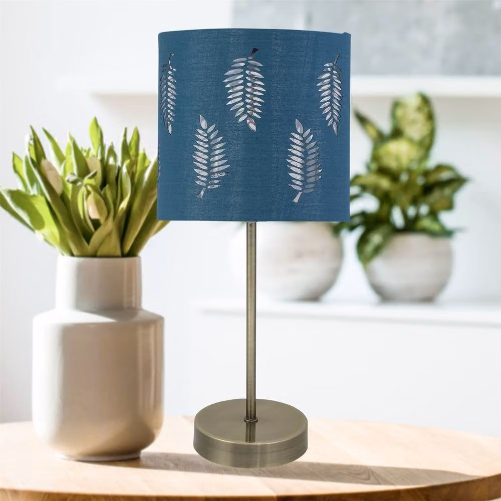 First Choice Lighting Set of 2 Antique Brass Stick Table Lamps with Teal Fern Cut Out Fabric Shades in Bronze – 3