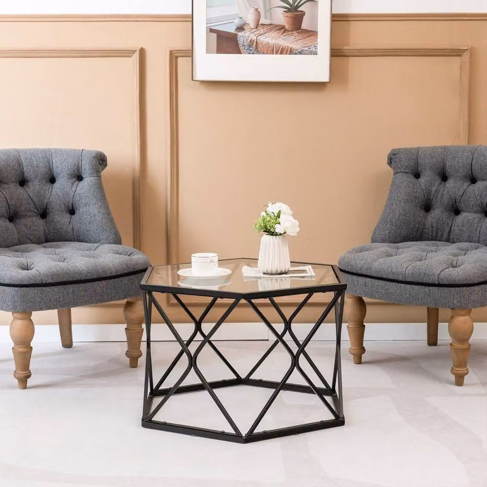 Costway Geometric Hexagonal Coffee Table and End Table with Tempered Glass Top and Metal X-Frame in Black – 5