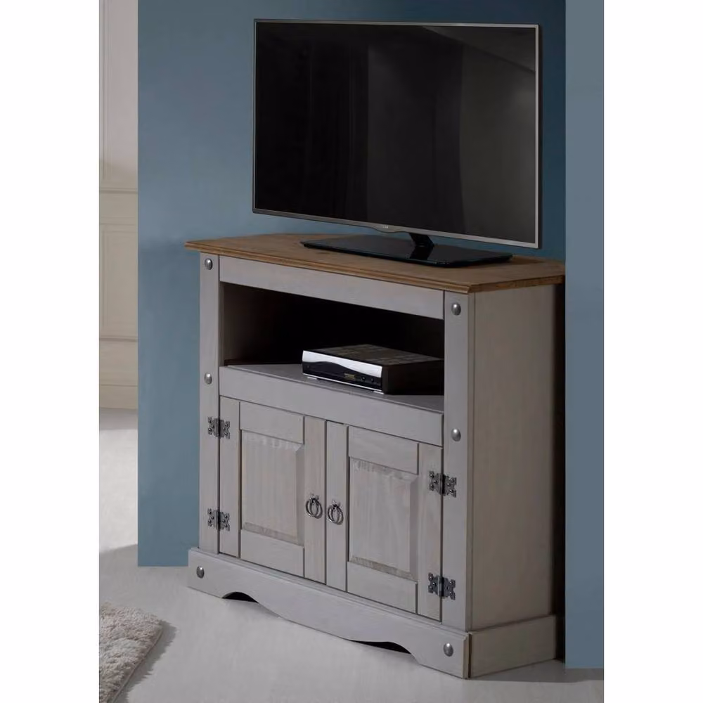 PAWNORA Grey Rustic Pine and Metal Corner TV Unit – 3