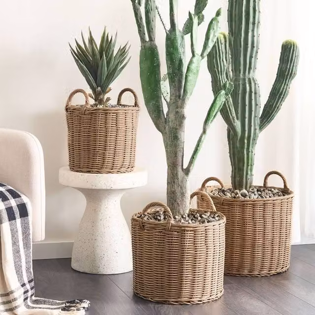 Wyld and Coco Evergreen Plant Baskets 3 Pack, Natural Brown Round PE Rattan Tabletop Baskets