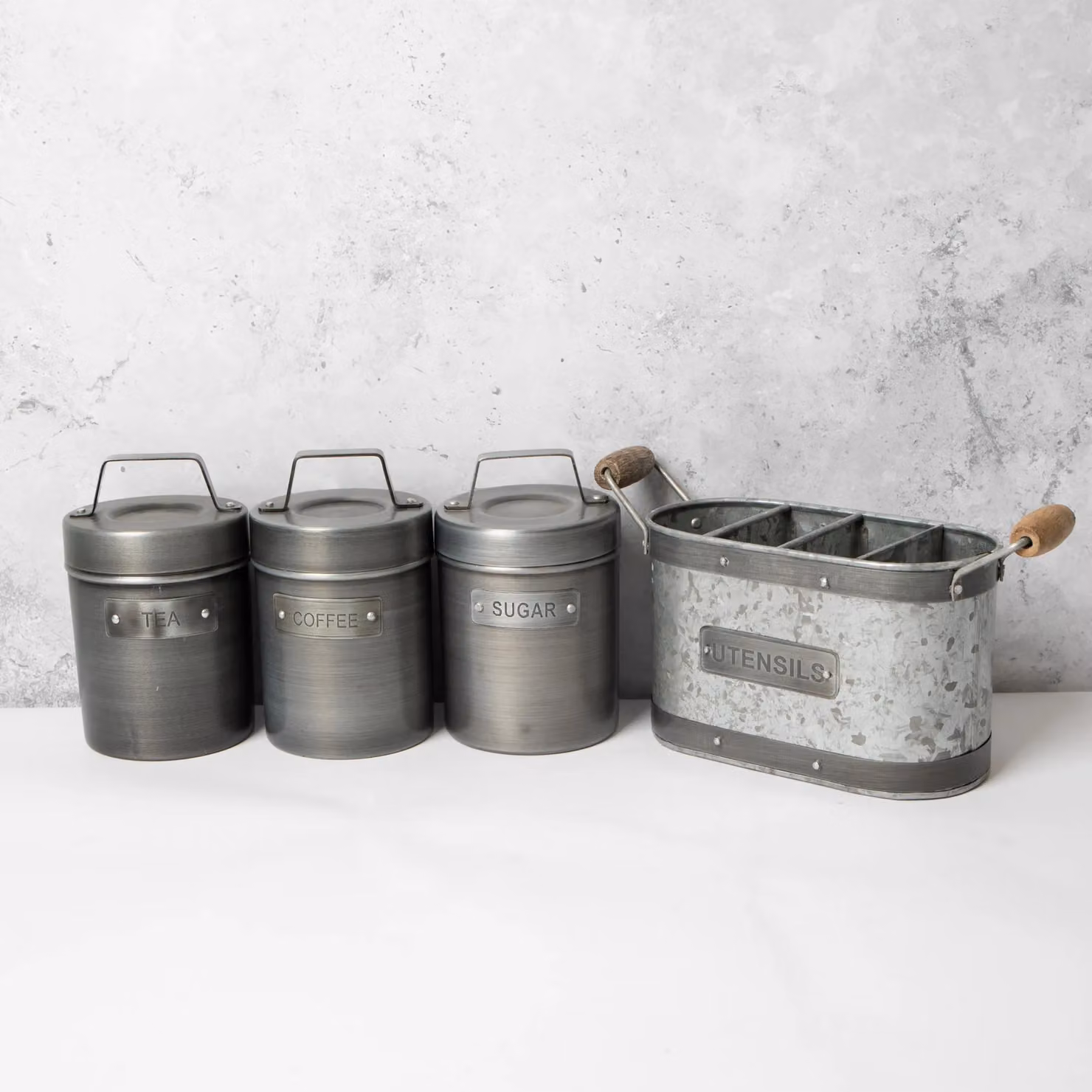 KitchenCraft Industrial Kitchen 4-Piece Storage Set in Silver and Multicolour with Galvanised Steel Utensil Holder and Metal Tea, Coffee and Sugar Canisters – 2