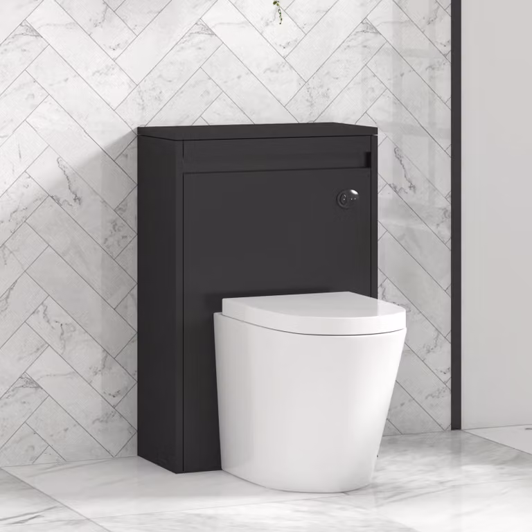 Royal Bathrooms Orion Matt Obsidian Black WC Unit with Cesar Rimless Ceramic Toilet Pan, Seat and Cistern, Width: 54 cm