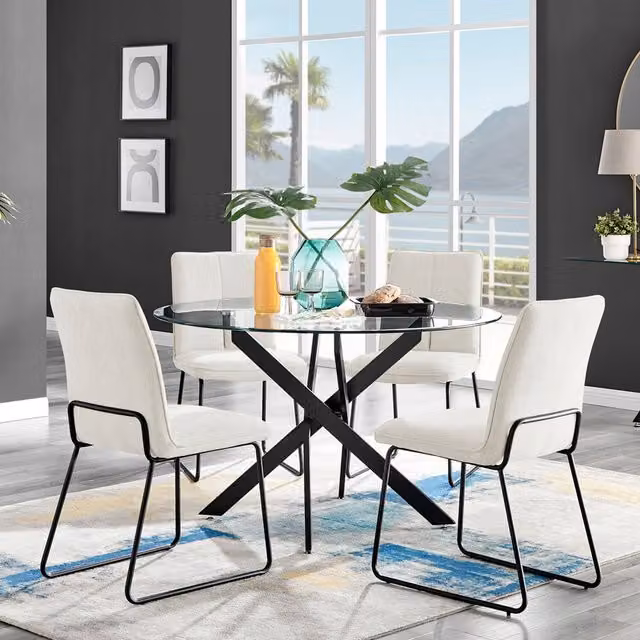 FurnitureboxUK Novara Round Glass Dining Table with 4 Halle Chairs, Black and Yellow