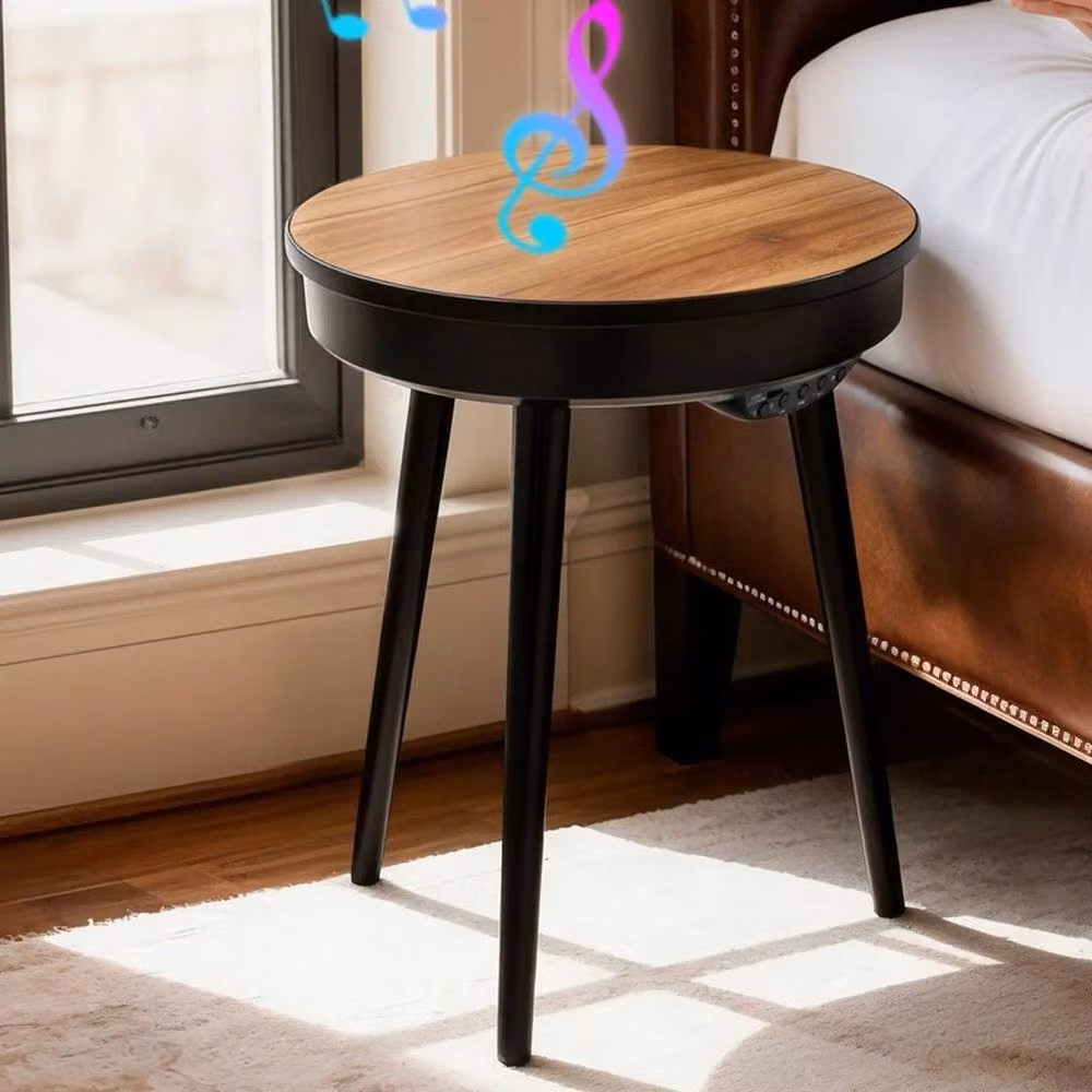 KORVIXA Walnut and Black Smart Side Table with Bluetooth Speaker, Brown, W/D/H: 100 x 100 x 100 cm – 4