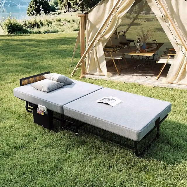 Matteo Grey Folding Bed with USB Port, Headboard and Memory Foam Mattress, Single W/D/H: 90 x 200 cm