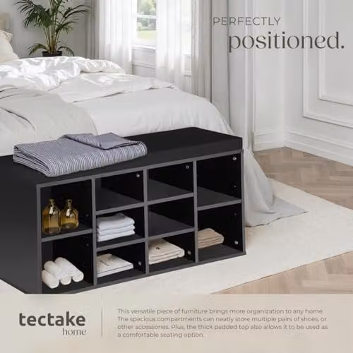 tectake Shoe Rack Max in Black with Adjustable Shelves and Fabric Seat Cushion – 7