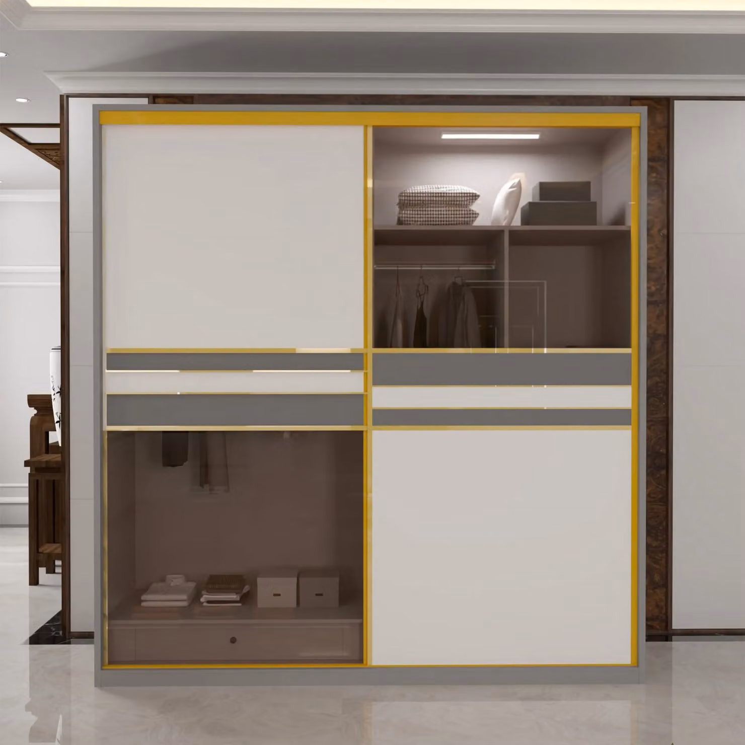 Sliding Wardrobes 4U Modern Glossy White Sliding Wardrobe with Glass Doors and Integrated LED Lighting – 1