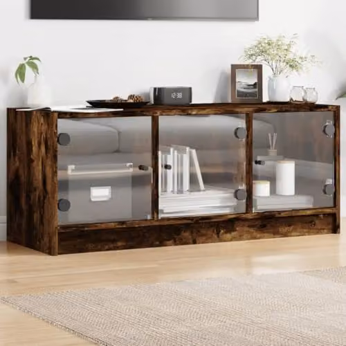 vidaXL Modern TV Cabinet with Glass Doors in Smoked Oak Brown, W: 102 cm, D: 37 cm, H: 42 cm – 2