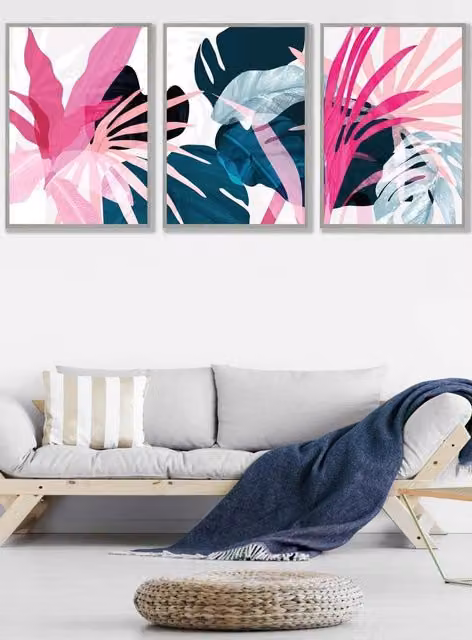 ARTZE Set of 3 Abstract Pink, Blue and Grey Tropical Botanical Triptych Wall Art, W: 33 cm, H: 45 cm, D: 2 cm