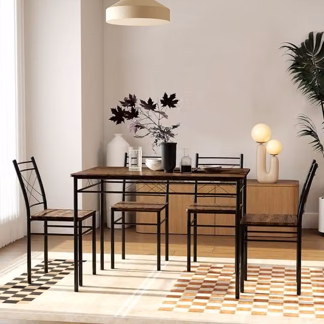 HOMCOM 5 Piece Industrial Dining Table and Chairs Set in Brown and Black