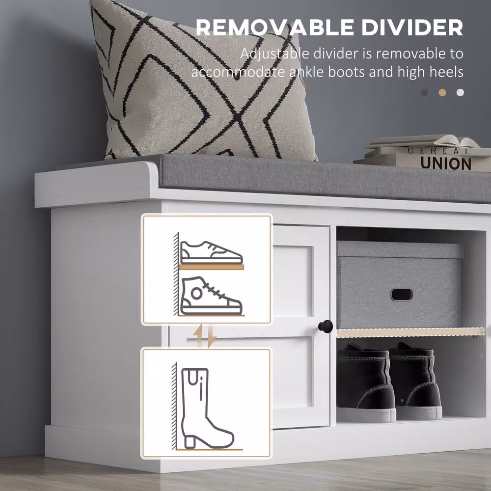 ERGOVEXA White Shoe Storage Bench with Grey Fabric Cushion Seat and Adjustable Shelves – 4