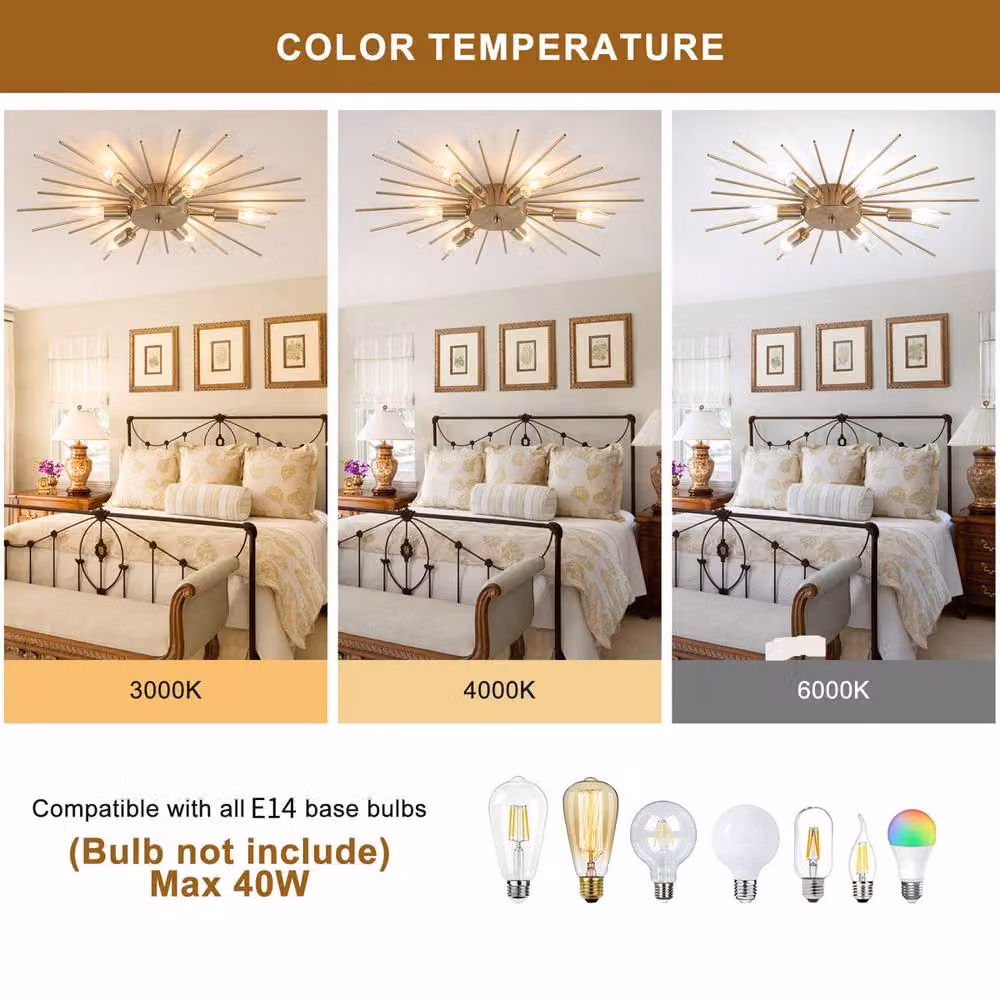 Garwarm 6-Light Sputnik Flush Mount Ceiling Light in Gold/Brass, 60cm Diameter, Dimmable and Adjustable – 4