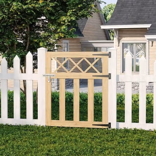 Livingandhome Spruce Wood Garden Fence Gate with Wire Mesh Design in Yellow and Beige, W/H: 76 x 90 cm