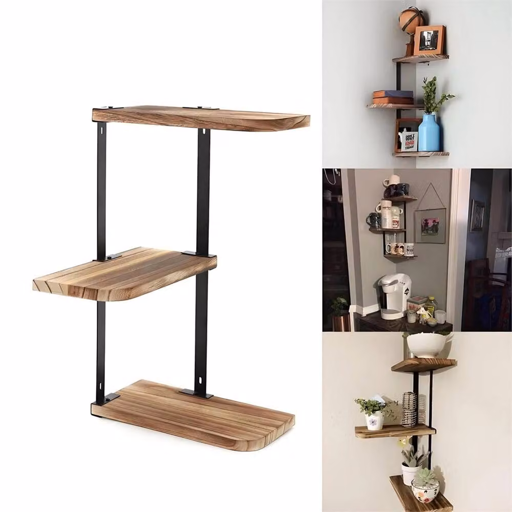 Nordara Lucca 3 Tier Corner Floating Wall Mounted Display Storage Shelves in Brown – 2