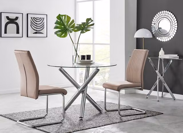 FurnitureboxUK Selina Round Glass and Chrome Metal Dining Table and Lorenzo Chairs Set in Beige