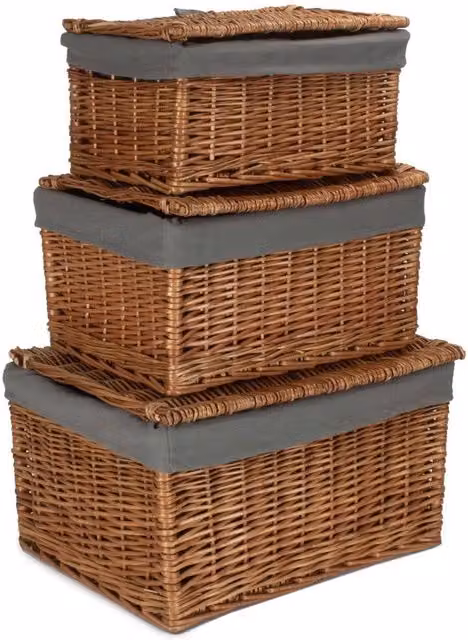 Red Hamper Set of 3 Grey Wicker Storage Baskets with Lids and Removable Cotton Linings