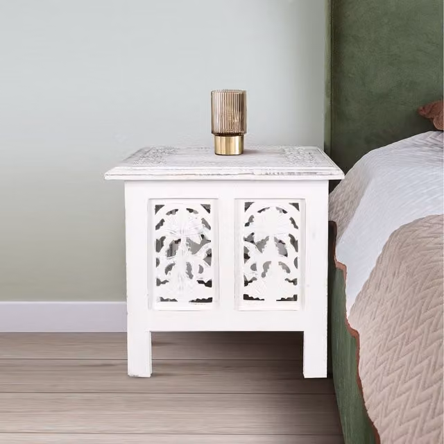 Topfurnishing Square Carved Mango Wood Coffee Table and Bedside End Table in White, W/D/H: 38 x 38 x 38 cm