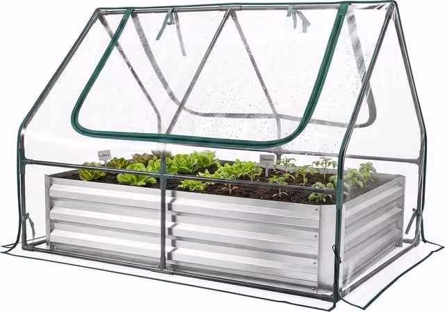 COSTWAY Raised Garden Bed with Cover in Silver Galvanised Steel and PVC