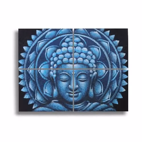 Ancient Wisdom Set of 4 Blue Buddha Mandala Brocade Detail Canvas Wall Art, W: 30 cm, H: 40 cm