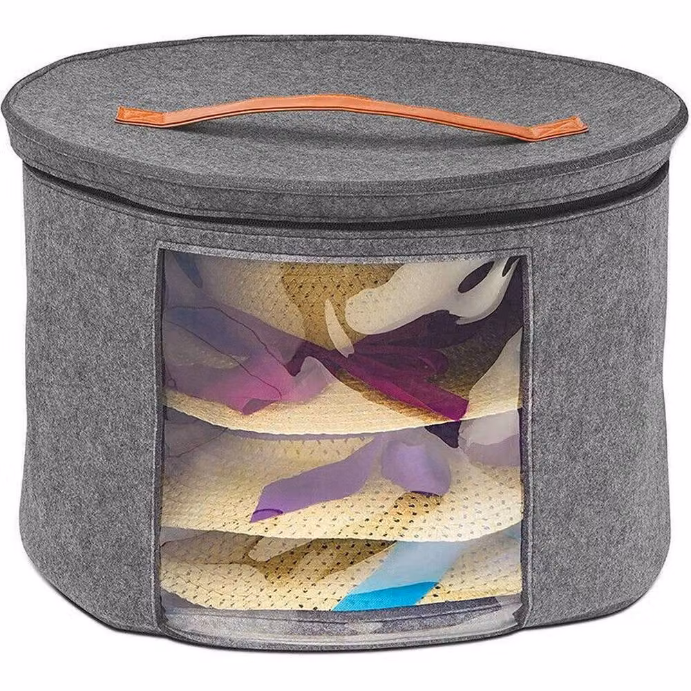 KORVIXA Round Hat Storage Box in Grey, Foldable Fabric Organiser with Handles, Diameter: 80 cm – 4