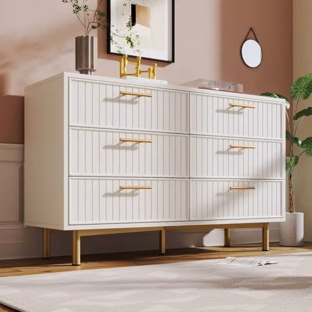 STILVORA Modern Sideboard Cabinet with 6 Drawers and Gold Metal Base in White