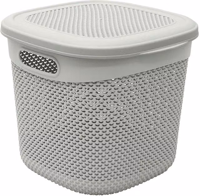 JVL Droplette 15L Plastic Storage Basket with Lid and Handles, Grey, W/D/H: 28 x 32 x 31 cm