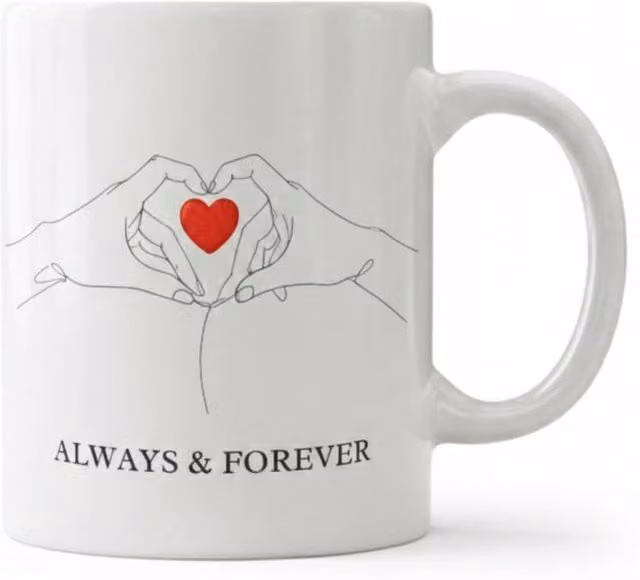 Dyzi Always & Forever Heart Line Art Printed Ceramic Mug in White and Red