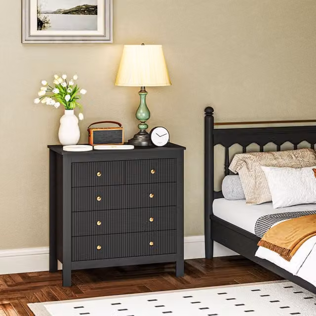 HOMCOM Fluted Bedroom Chest of Drawers with 5 Drawers and Gold Tone Handles in Black