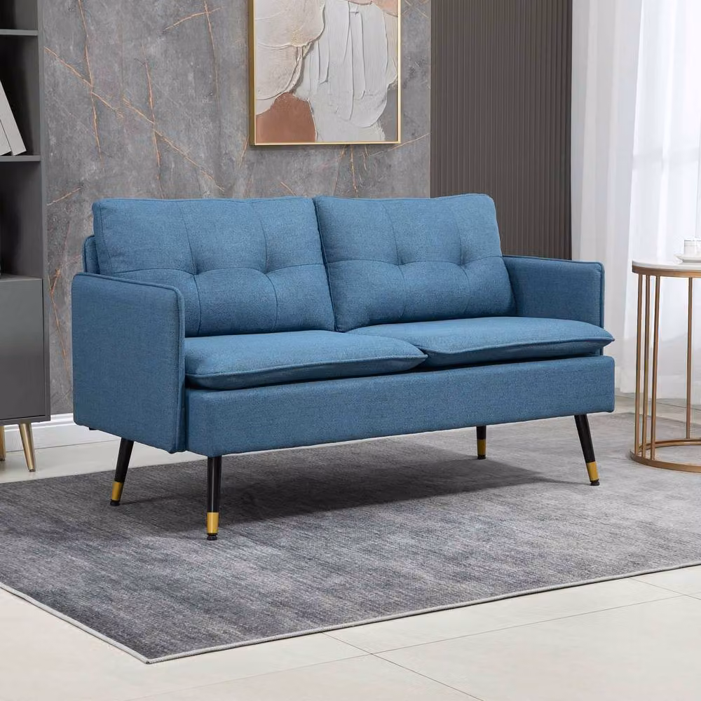 STILVORA 2 Seater Upholstered Fabric Sofa in Blue with Gold Metal Legs – 2