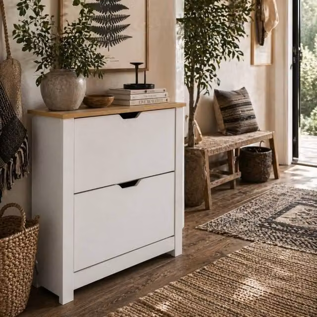 Wyld Haus Eldino Slim White Shoe Cabinet with 2 Tilting Compartments, W/D/H: 80 x 26 x 72 cm